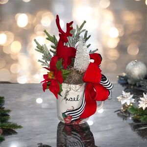 Whimsical Noel Cup Holiday Decor | Rustic Red Velvet Deer & Pine Centerpiece